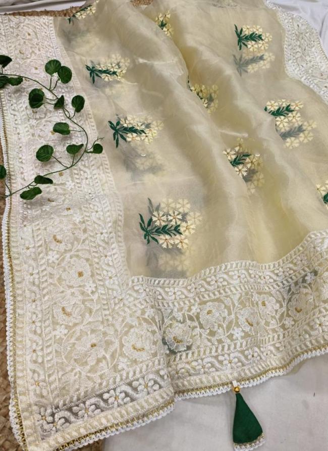 Beige Organza Silk Festival Wear Embroidery Work Saree