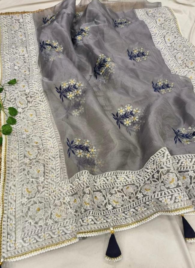 Grey Organza Silk Festival Wear Embroidery Work Saree