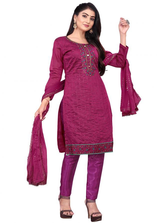 PINK Chanderi Cotton Casual Wear Embroidery Work Salwar Suit