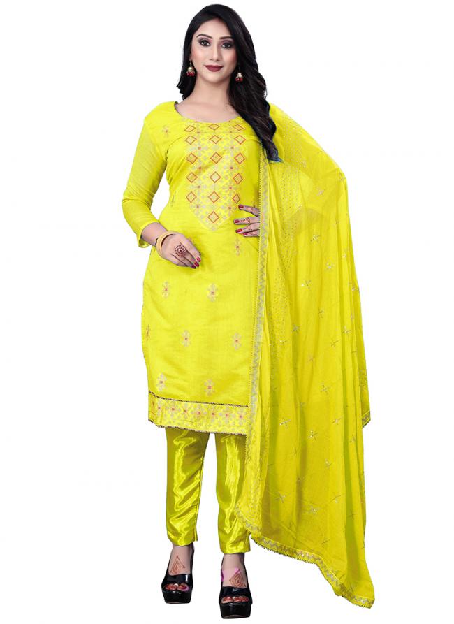LIGHT GREEN Chanderi Cotton Casual Wear Embroidery Work Salwar Suit