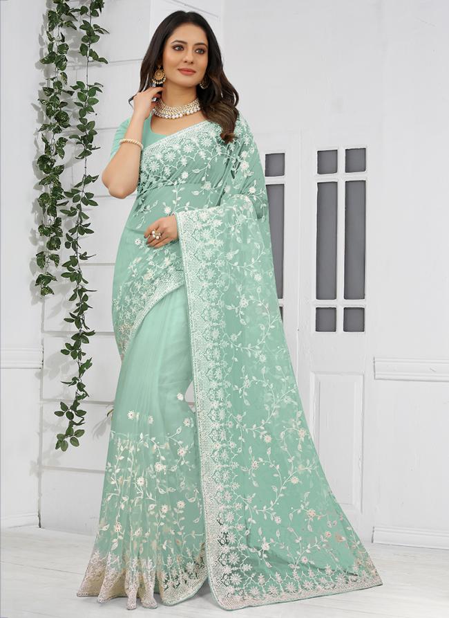 Dusty Sky Net Wedding Wear Resham Work Saree