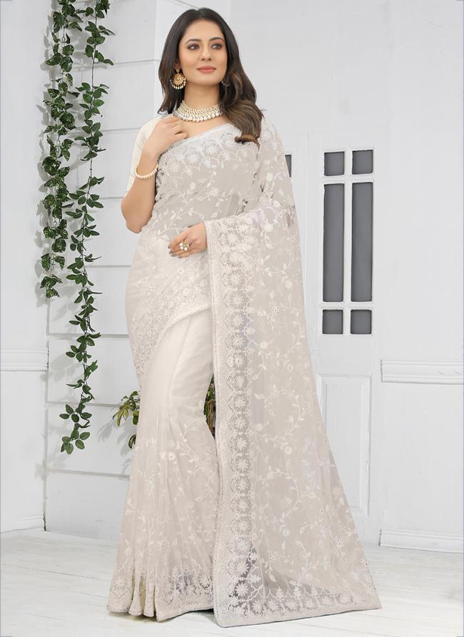 White Net Wedding Wear Resham Work Saree