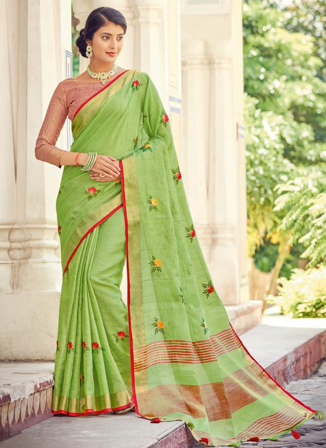 Light Green Linen Party Wear Weaving Saree