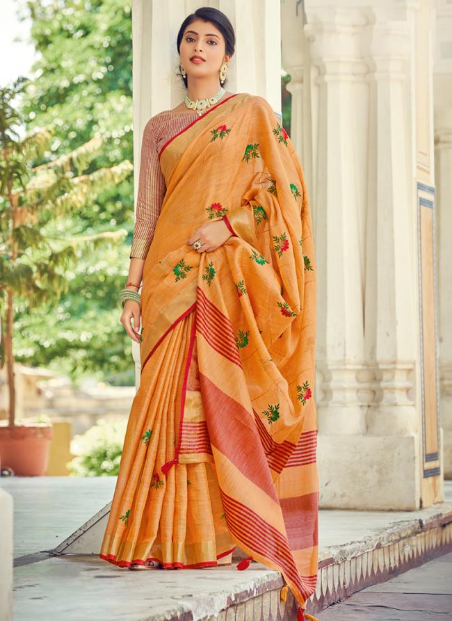 Orange Linen Party Wear Weaving Saree