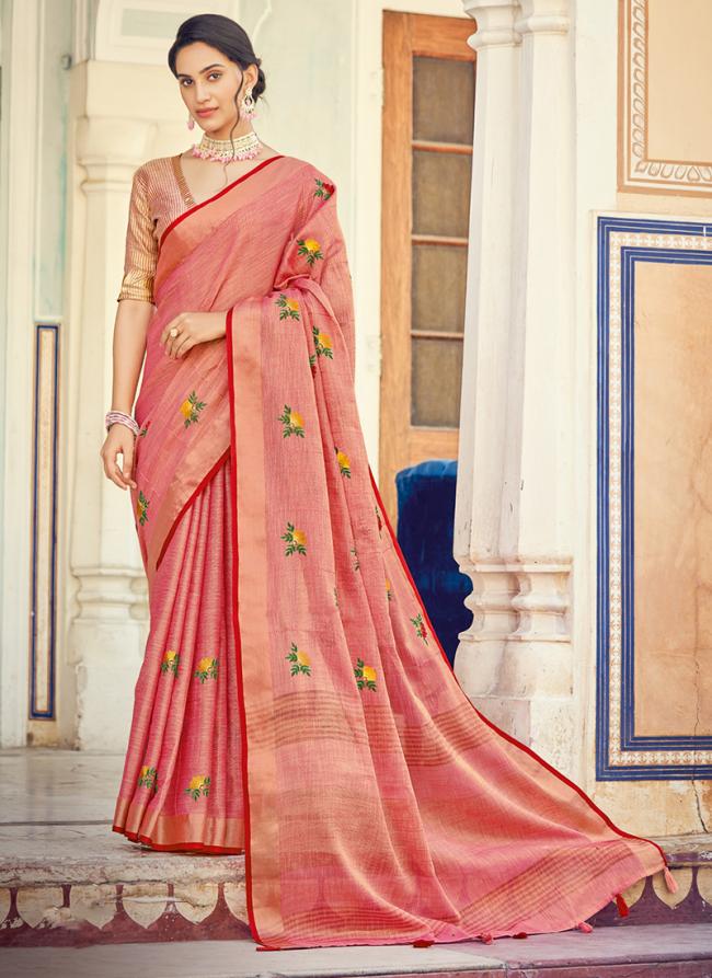 Pink Linen Party Wear Weaving Saree