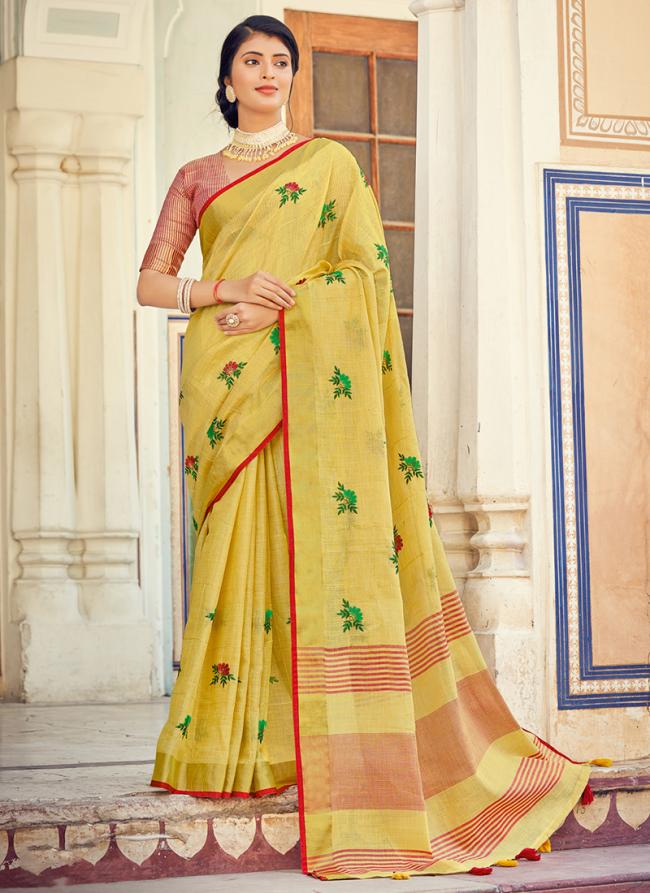 Yellow Linen Party Wear Weaving Saree