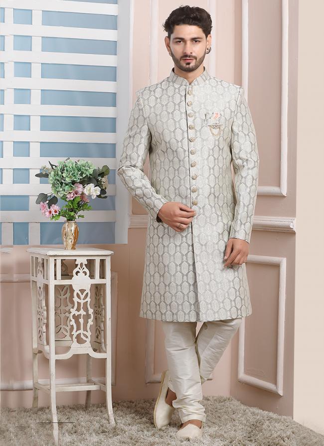 Grey Imported jaquard silk Wedding Wear Weaving Chudidar Indo Western