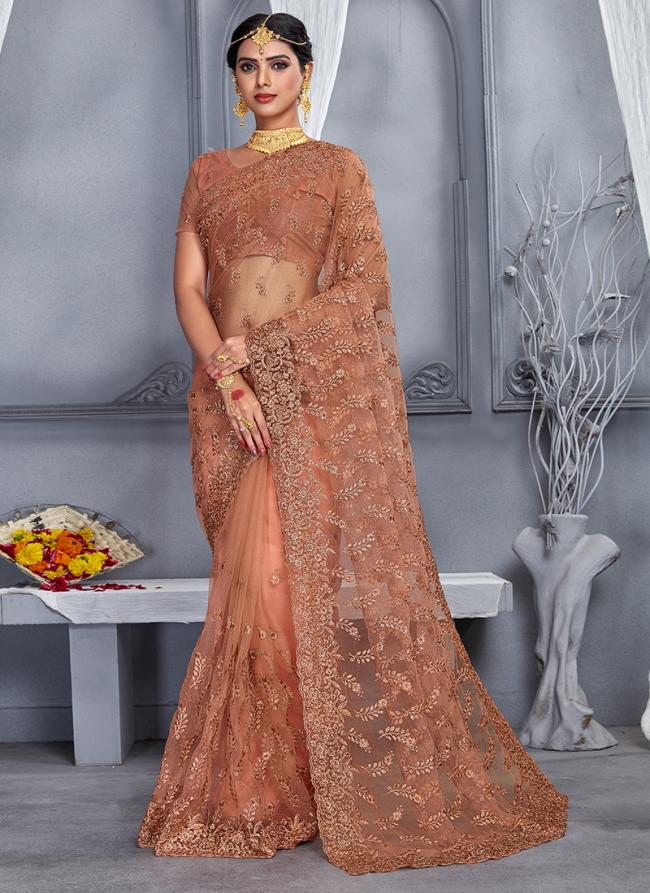 Dusty Peach Net Wedding Wear Embroidery Work Saree