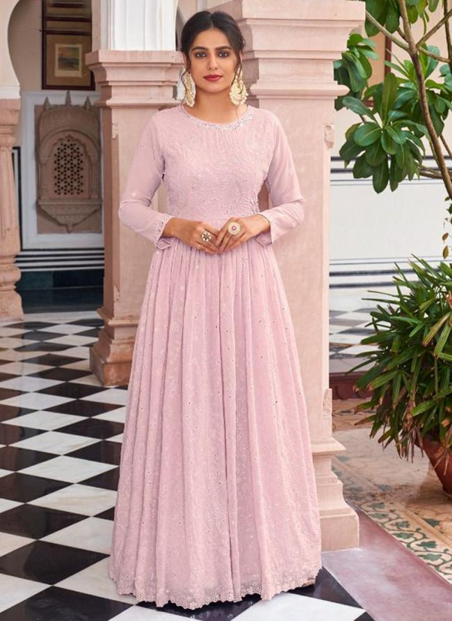 Pink  Georgette Traditional Wear Embroidery Work Chinnon Gown