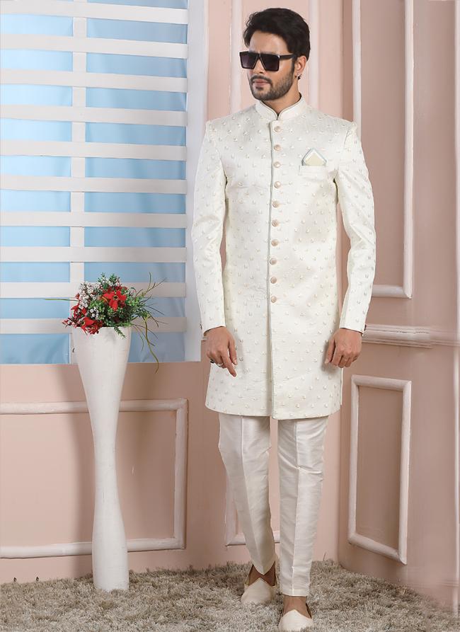 Cream Art Silk Wedding Wear Thread Work Indo Western Sherwani