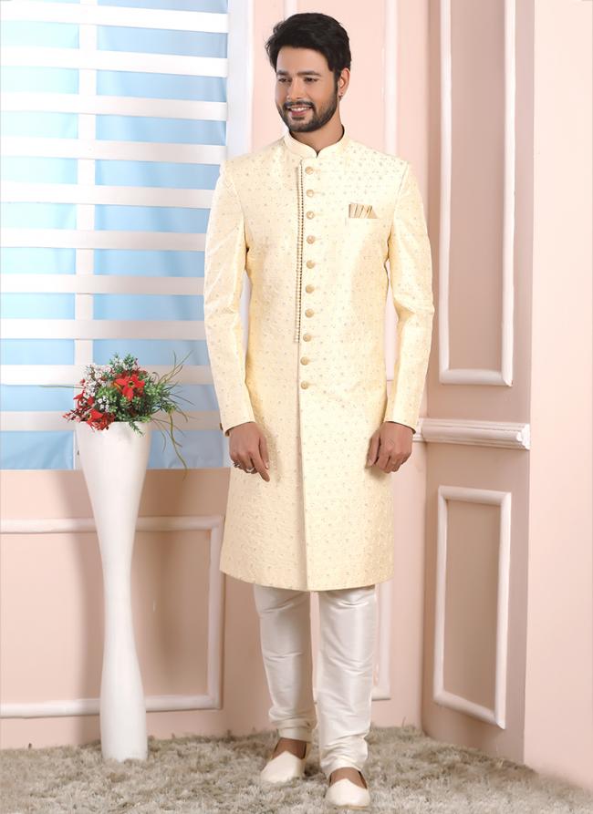 Cream Art Silk Wedding Wear Thread Work Indo Western Sherwani