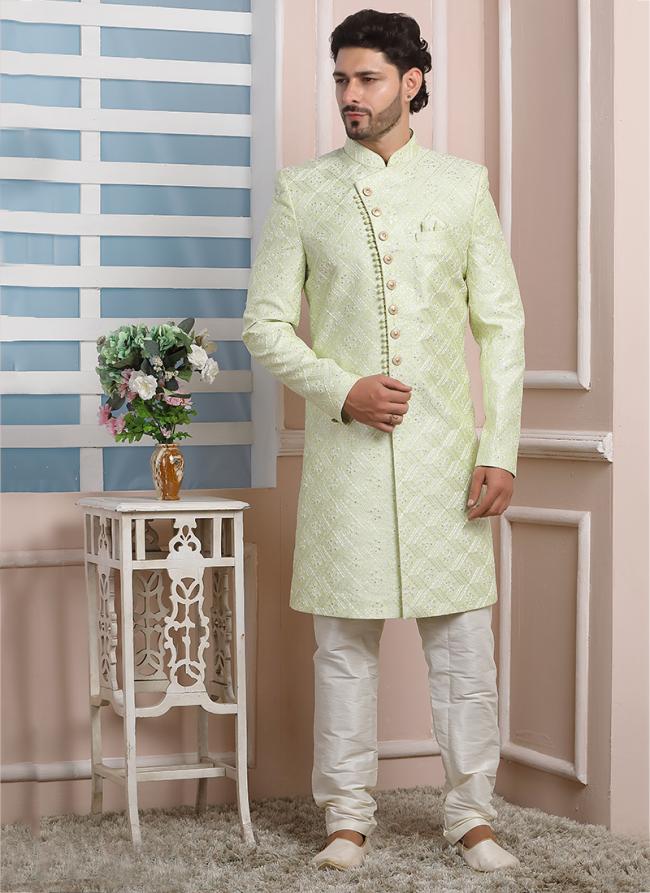 Pista green Art Silk Wedding Wear Thread Work Indo Western Sherwani