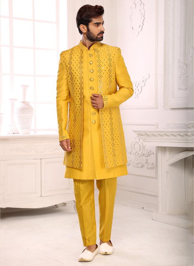 Yellow Fancy Wedding Wear Weaving Nawabi Indo Western