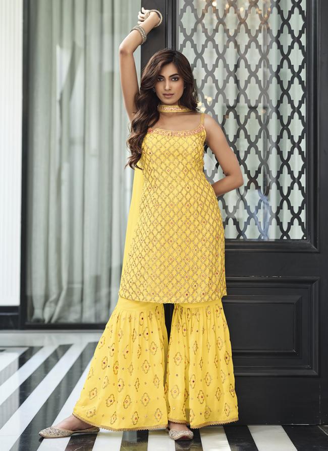 Yellow Georgette Diwali Wear Embroidery Work Readymade Salwar Suit