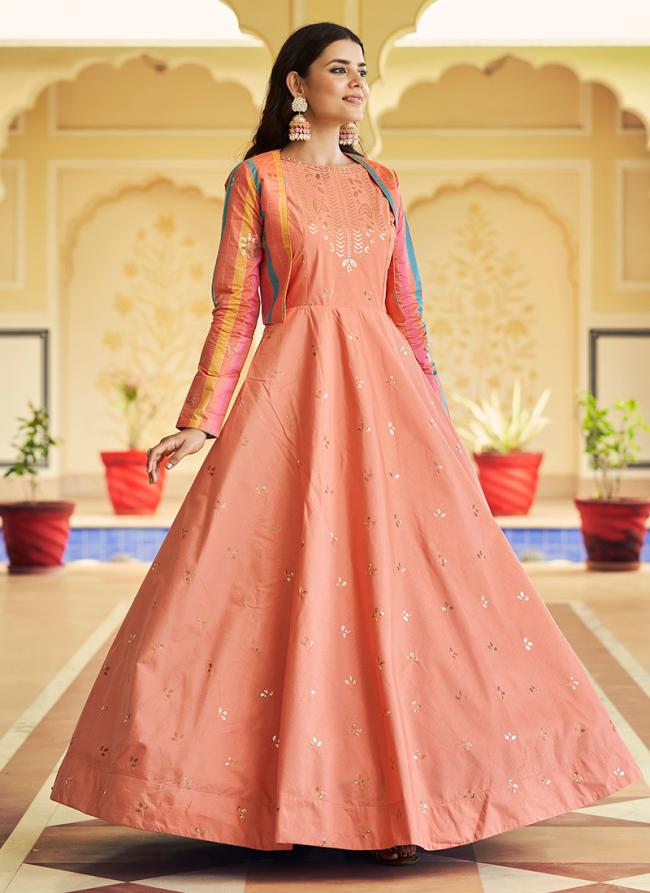 Peach Cotton Party Wear Sequins Work Semi Stitched Gown