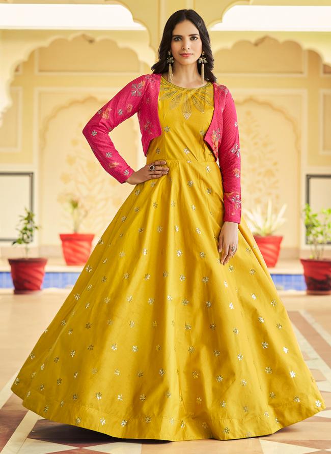 Yellow Cotton Party Wear Sequins Work Semi Stitched Gown