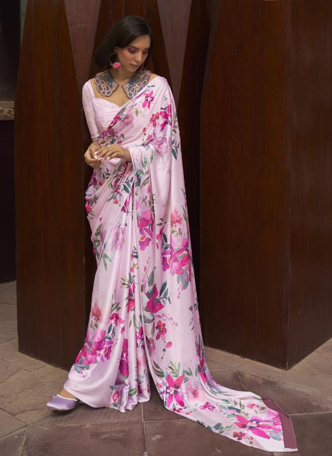 Light Pink Satin Crepe Party Wear Digital Printed Saree