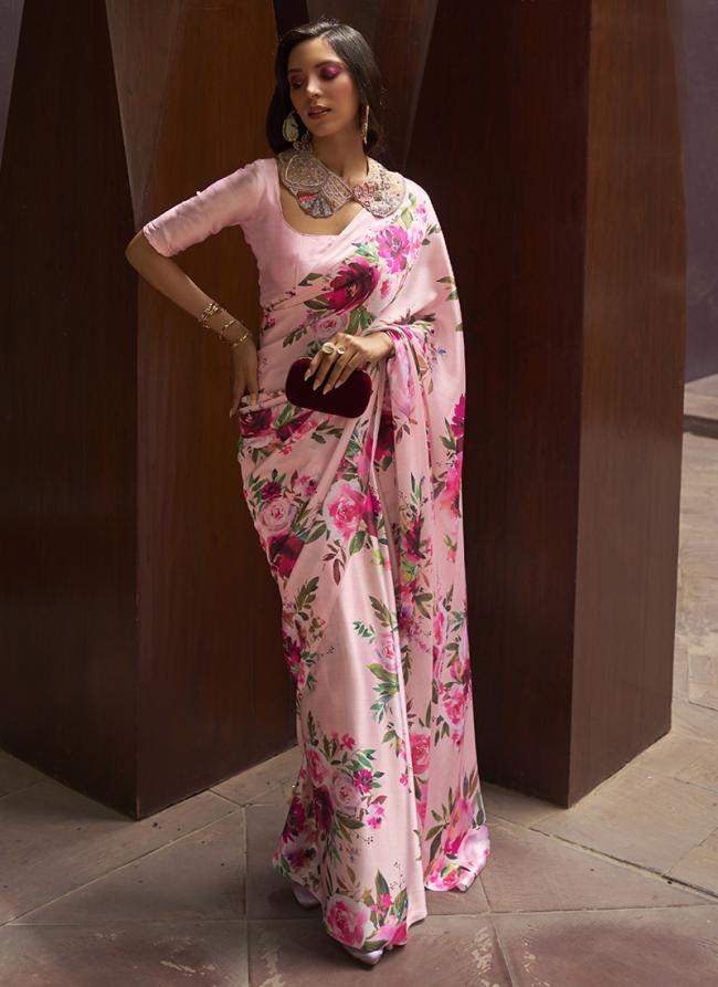 Pink Satin Crepe Party Wear Digital Printed Saree