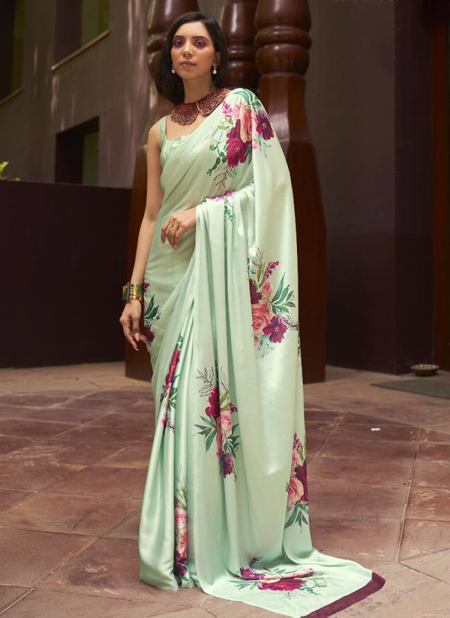 Pista green Satin Crepe Party Wear Digital Printed Saree