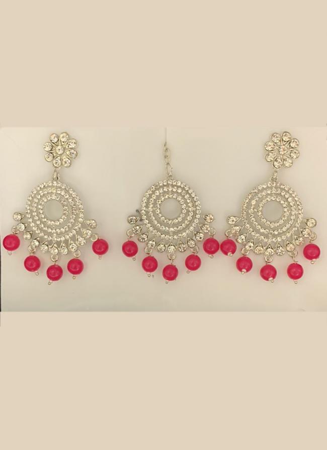 Dark Pink Silver Tone Fancy Earrings With Maang Tikka