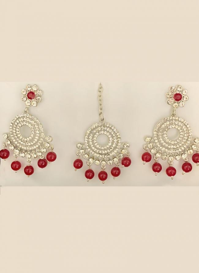 Red Silver Tone Fancy Earrings With Maang Tikka