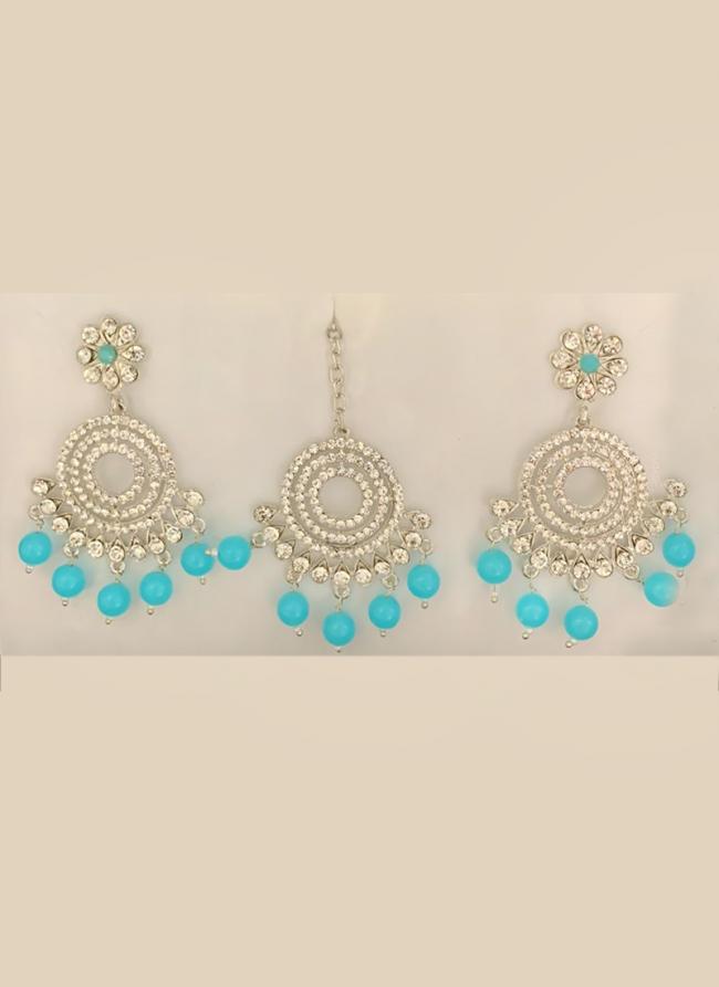 Sky Blue Silver Tone Fancy Earrings With Maang Tikka