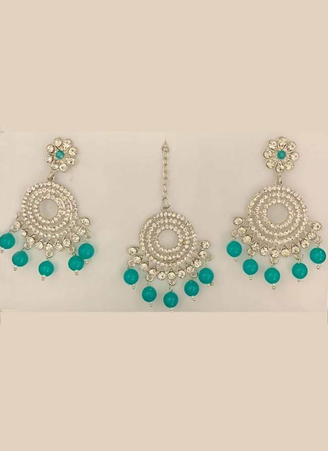 Teal Blue Silver Tone Fancy Earrings With Maang Tikka