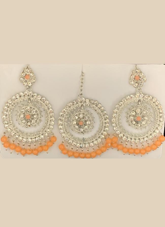 Maroon Silver Tone Stone Studded Earrings With Maang Tikka