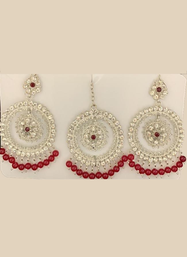 Pink Silver Tone Stone Studded Earrings With Maang Tikka