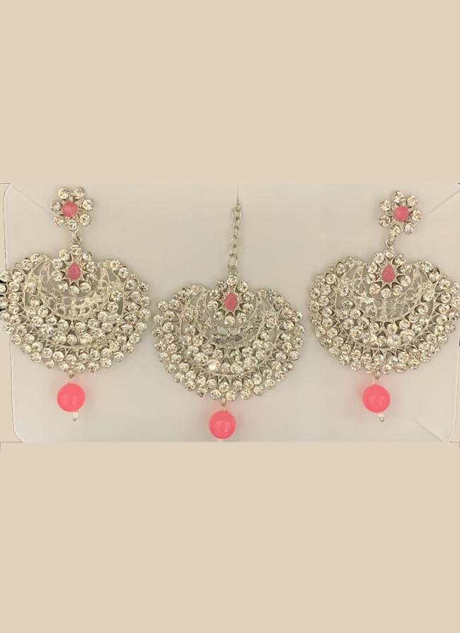 Pink Chandbali Design Stone Studded Earrings With Maang Tikka