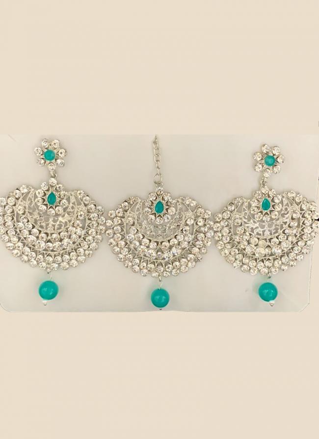 Firozi Chandbali Design Stone Studded Earrings With Maang Tikka