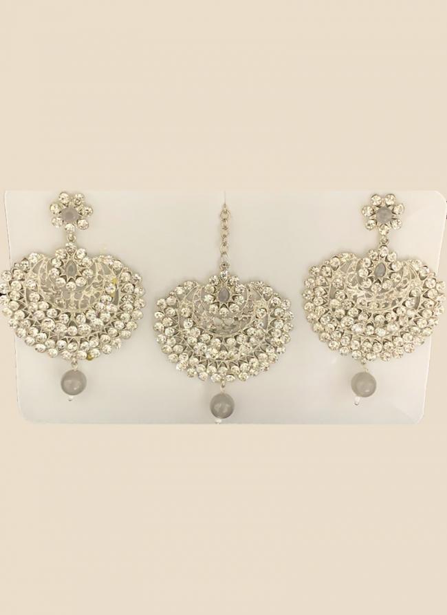 Grey Chandbali Design Stone Studded Earrings With Maang Tikka