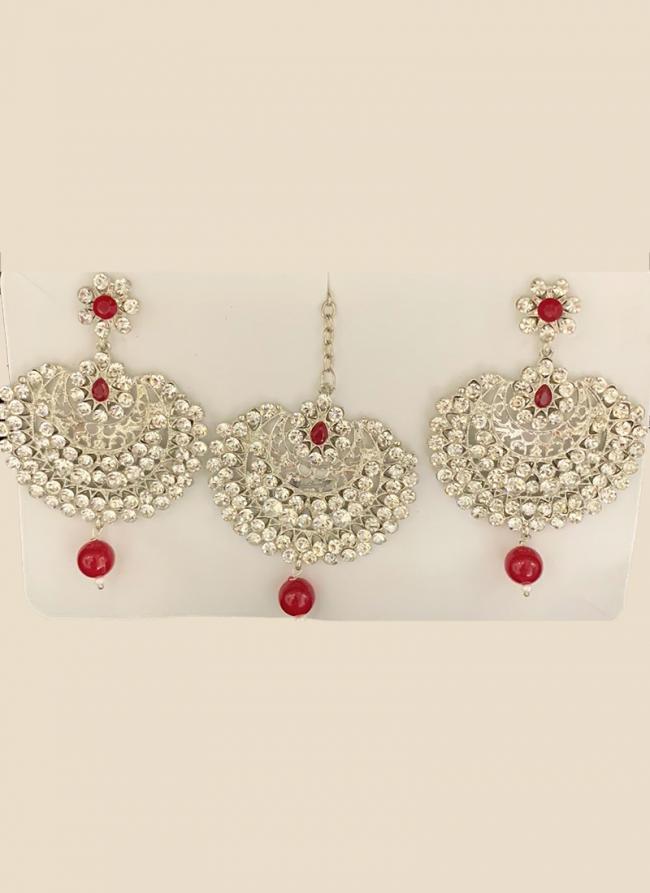 Maroon Chandbali Design Stone Studded Earrings With Maang Tikka