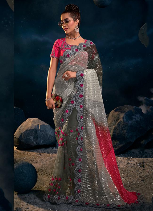 Grey Lycra Reception Wear Thread Work Saree