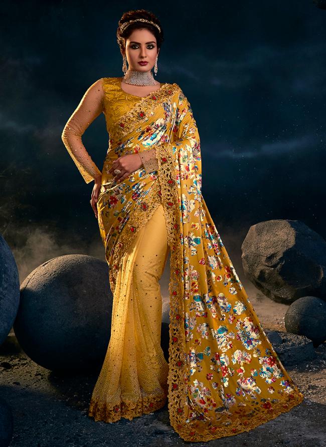 Mustard Lycra Reception Wear Sequins Work Saree