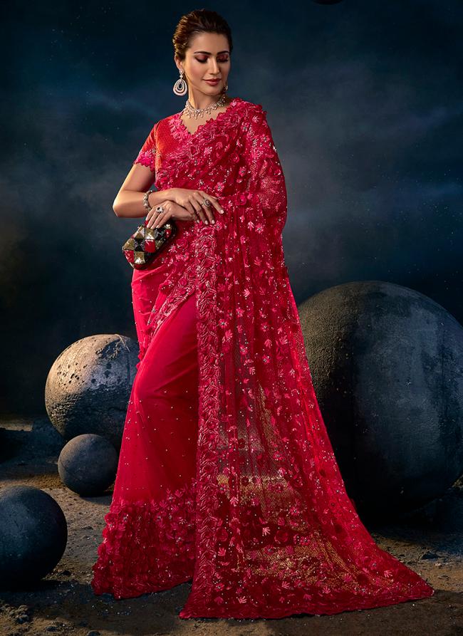 Red Ner Reception Wear Sequins Work Saree