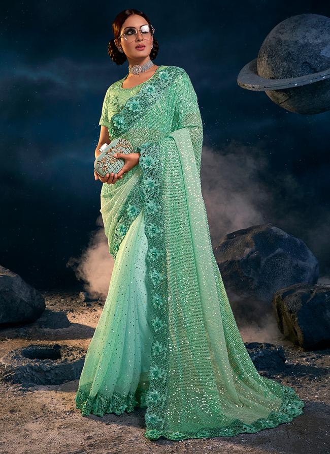 Sea Green Net Reception Wear Thread Work Saree