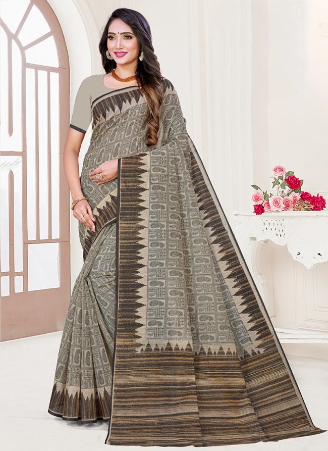 Brown New Cotton Casual Wear Printed Saree