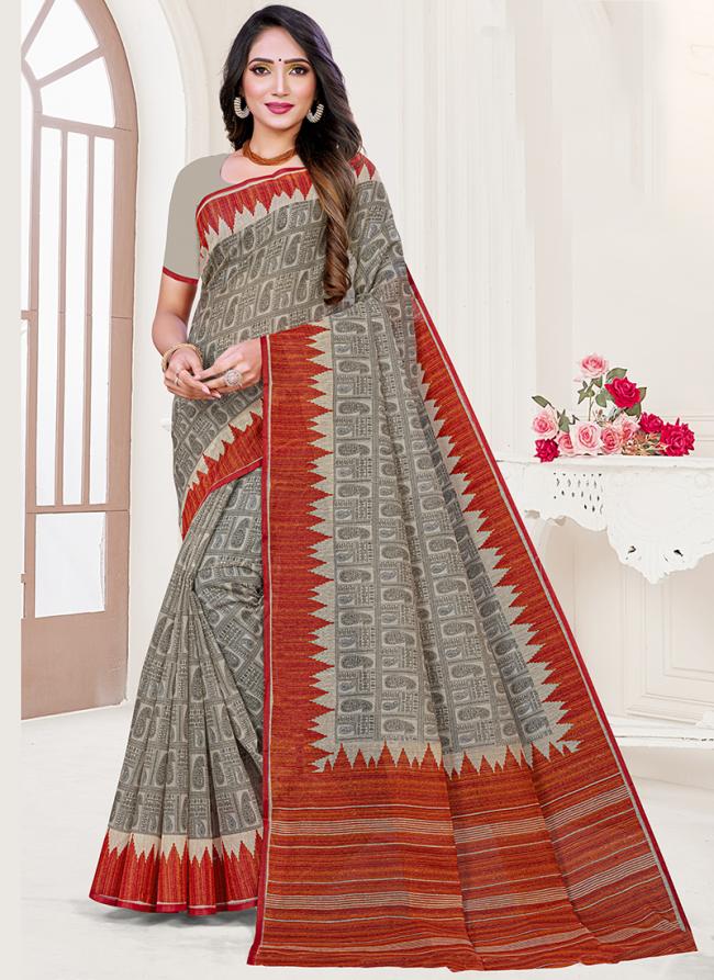 Rust New Cotton Casual Wear Printed Saree