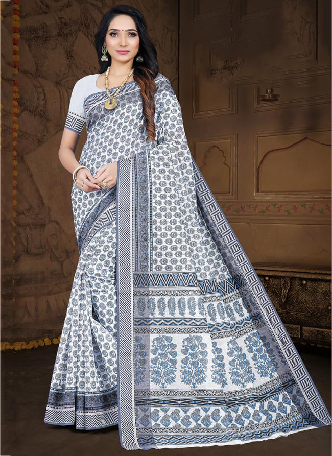 Fancy White Cotton Casual Wear Printed Saree