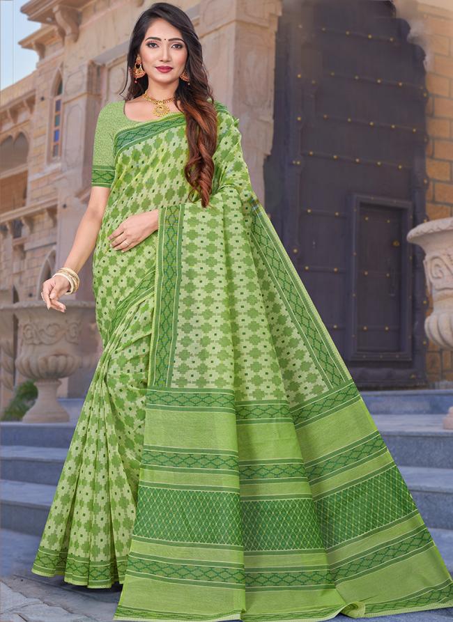Pista Green Cotton Daily Wear Printed Saree
