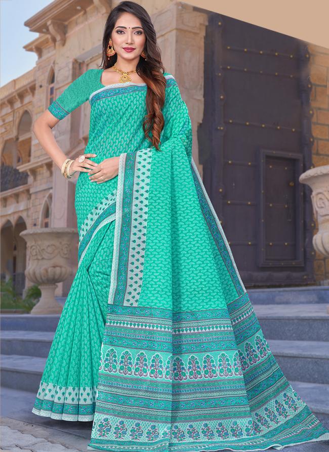 Teal Cotton Daily Wear Printed Saree