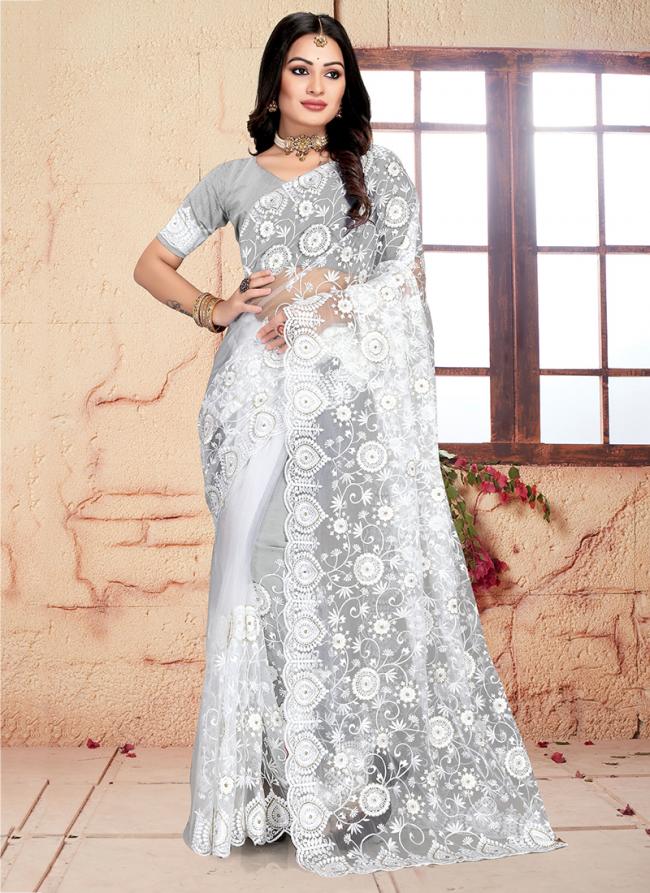 White Net Party Wear Resham Work Saree