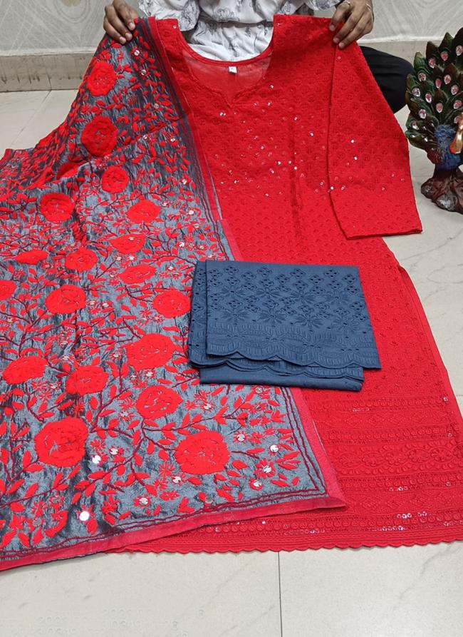 Red Cambric Cotton Traditional Wear Sequins Work Readymade Salwar Suit