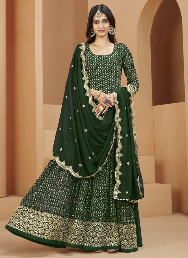 Green Faux Georgette Wedding Wear Embroidery Work Gown With Dupatta