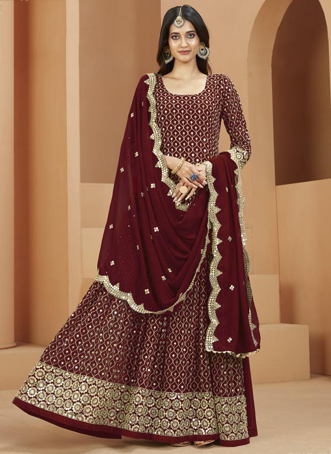 Maroon Faux Georgette Wedding Wear Embroidery Work Gown With Dupatta