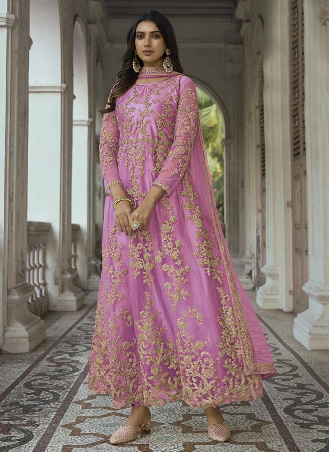 Pink Net Wedding Wear Embroidery Work Anarkali Suit