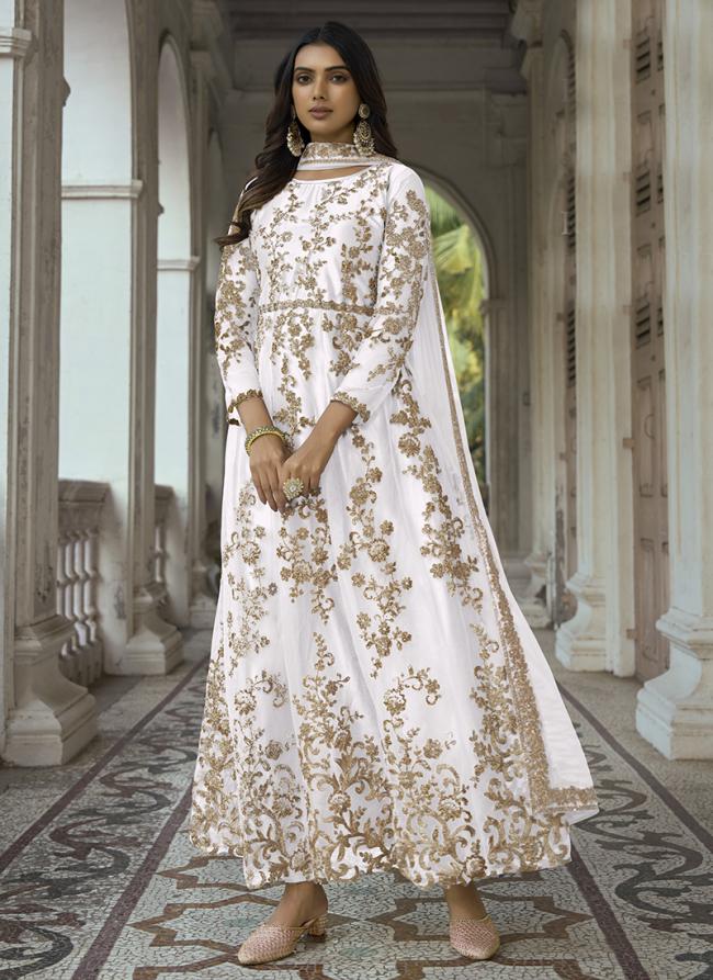 White Net Wedding Wear Embroidery Work Anarkali Suit
