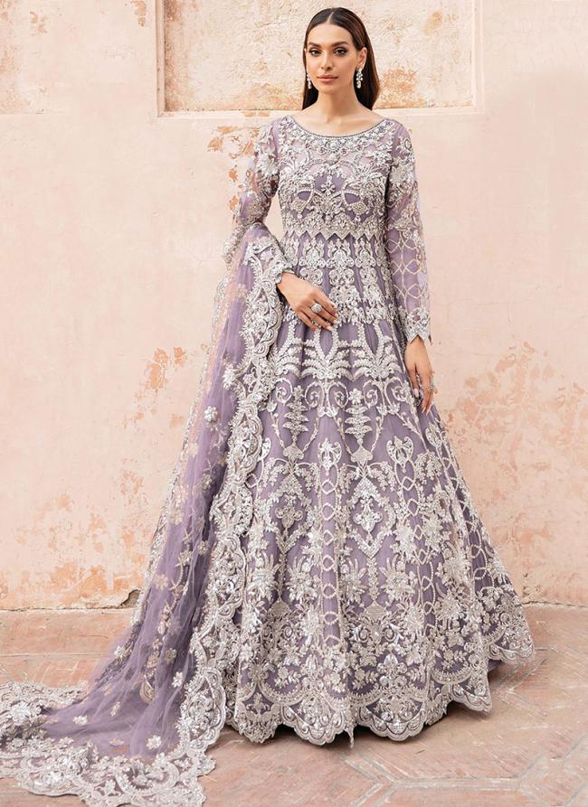 Lilac Net Wedding Wear Embroidery Work Gown With Dupatta