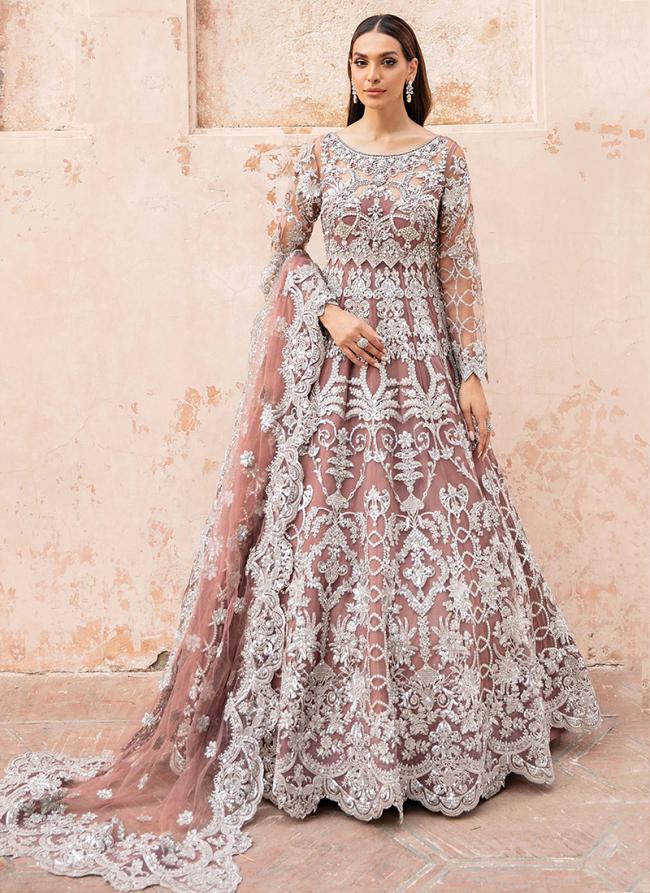 Pink Net Wedding Wear Embroidery Work Gown With Dupatta